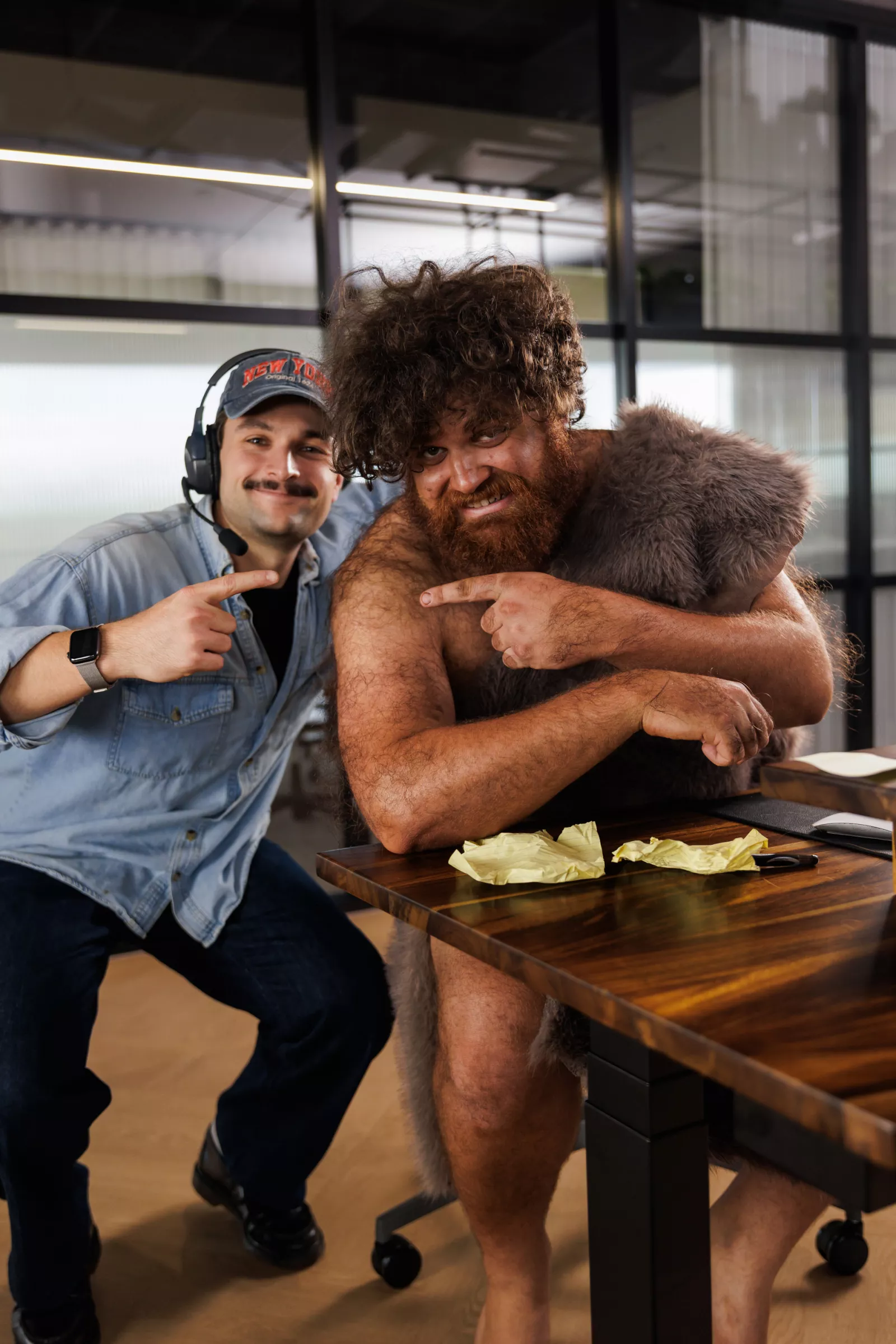 Matt the creative director posing with Newton from the Desky Commercial